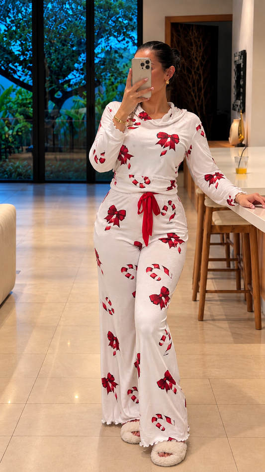 Pyjama capuche patalon manche long blanc femme motif Nœud YAMATO