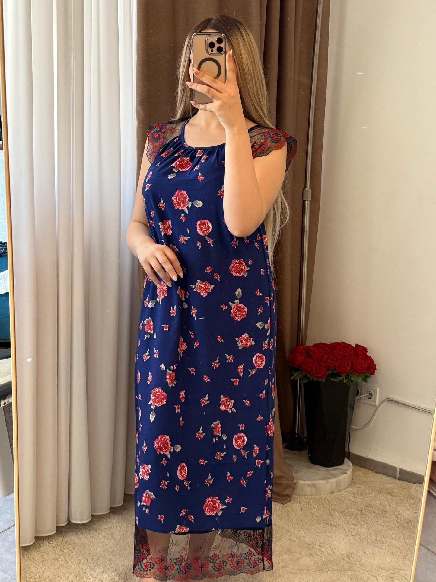 Robe nuisette bleu motif a fleur rouge NISSA