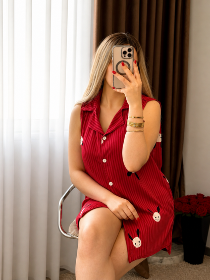 Chemise de nuit demi manche rouge motif bunny YOOR