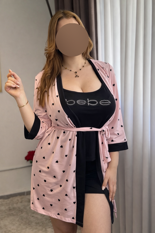 Ensemble 3 pièces rose a motif cœur noir LOVELY