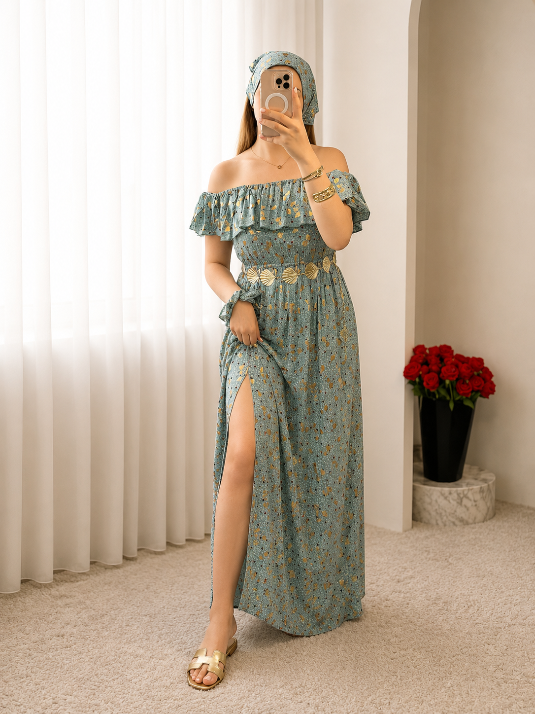 Robe long à fleurs fond vert CALLVERET
