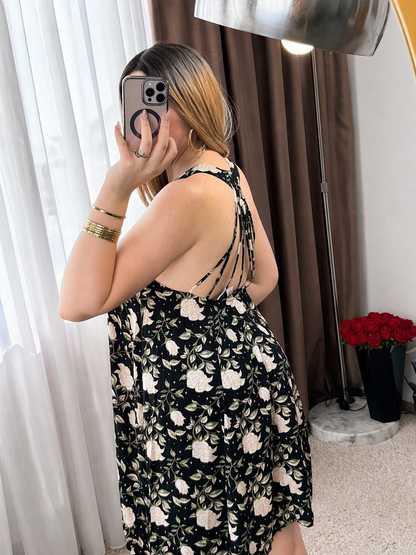 Robe noir motif a fleur beige VINAVI