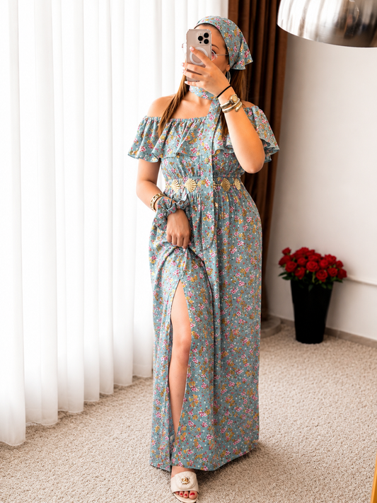 Robe long a motif à fleurs vert YARINE
