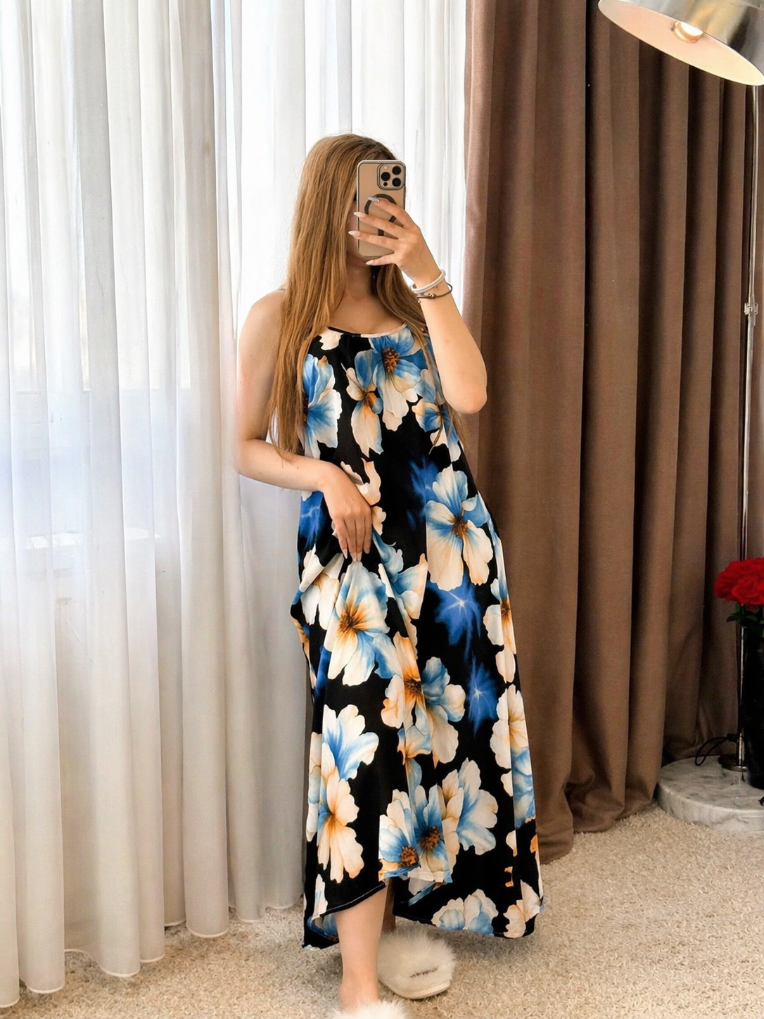 Robe noir motif a fleur bleu BALI