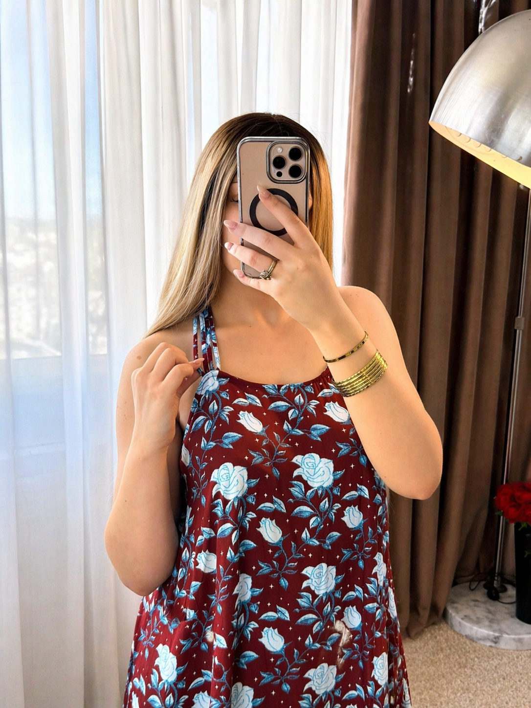 Robe bordeaux motif a fleur bleu VINAVI