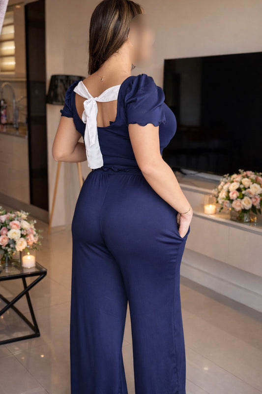 Ensemble pantalon demi manche bleu nuit nœud blanc AGATHE