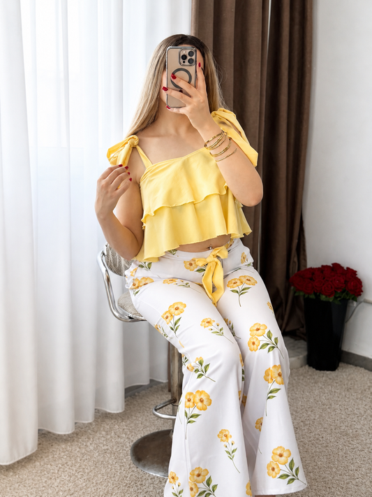 Pyjama double volant jaune pantalon a motif a fleur SPRING
