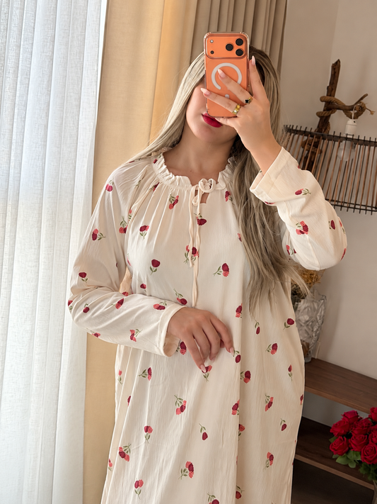 Robe nuisette blanc motif a fleur rouge BILAMI