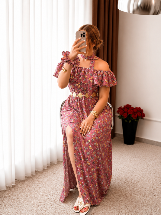 Robe long a motif à fleurs bois de rose YARINE