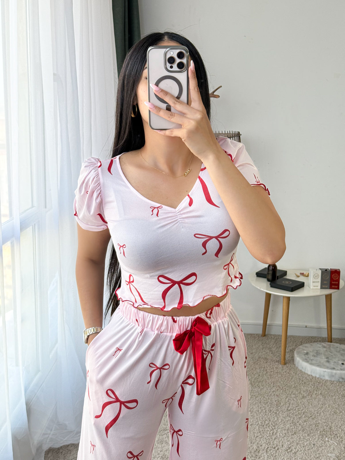 Pyjama crop-top demi-manche NOEUD rose SERENA