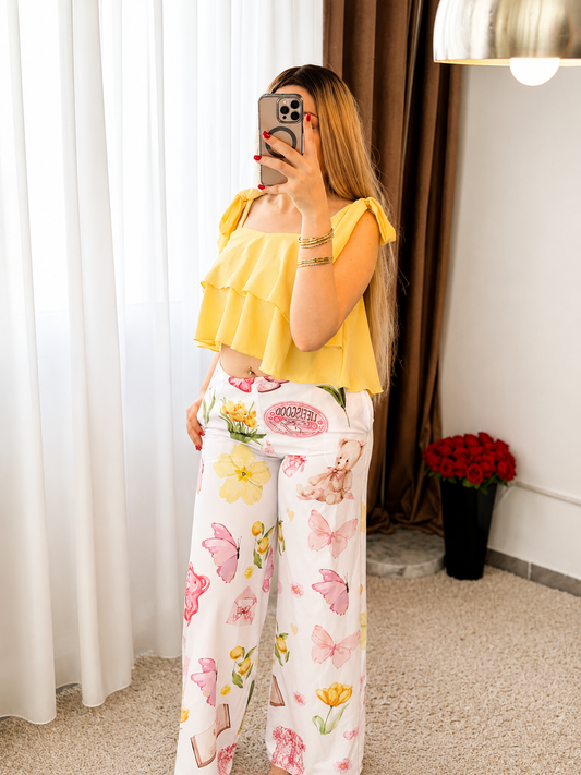 Pyjama double volant jaune pantalon a motif book  FRACHE