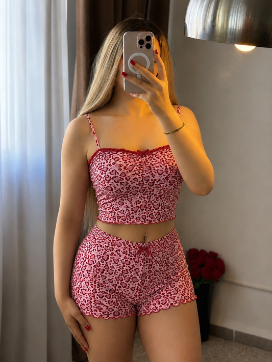 Ensemble bustier short rose motif léo rouge CELESTINE