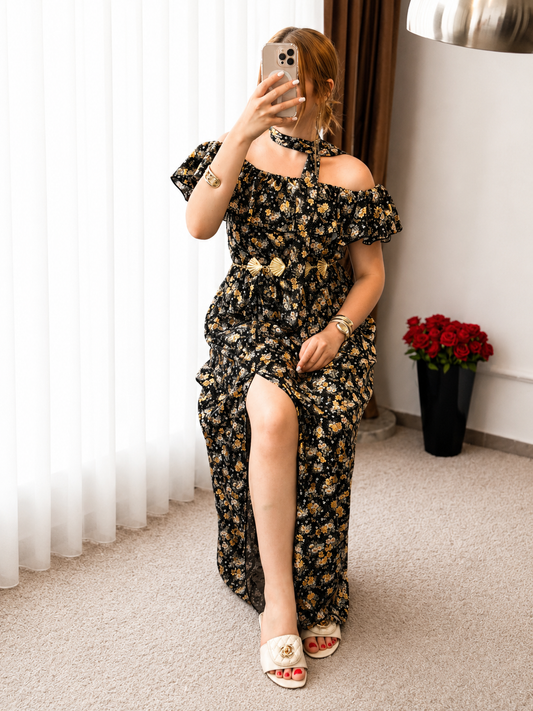 Robe long a motif à fleurs noir YARINE