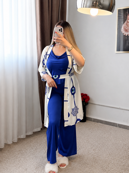 Ensemble 3 pièces bustier pantalon  bleu motif BLUE EYES