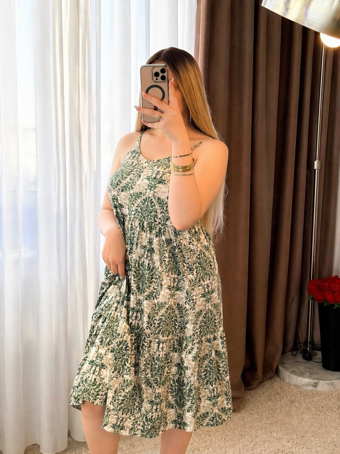 Robe vert motif a fleur YALINA