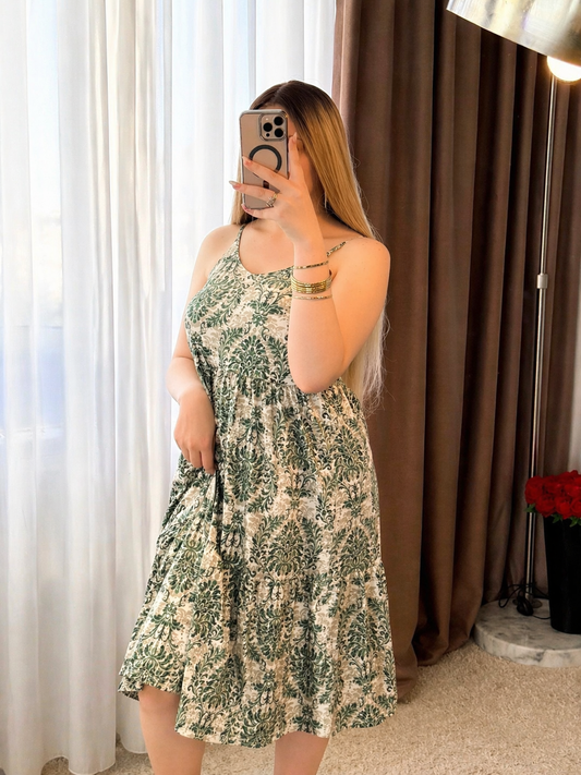 Robe nuisette vert motif a fleur YALINA