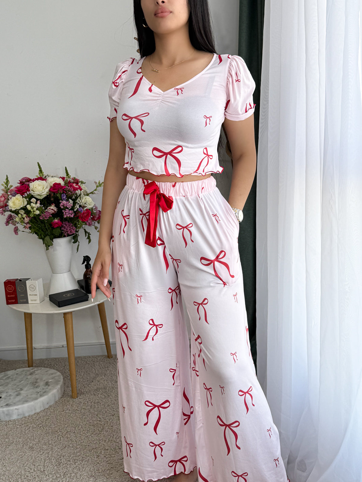 Pyjama crop-top demi-manche NOEUD rose SERENA