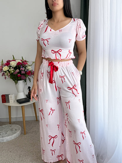 Pyjama crop-top demi-manche NOEUD rose SERENA