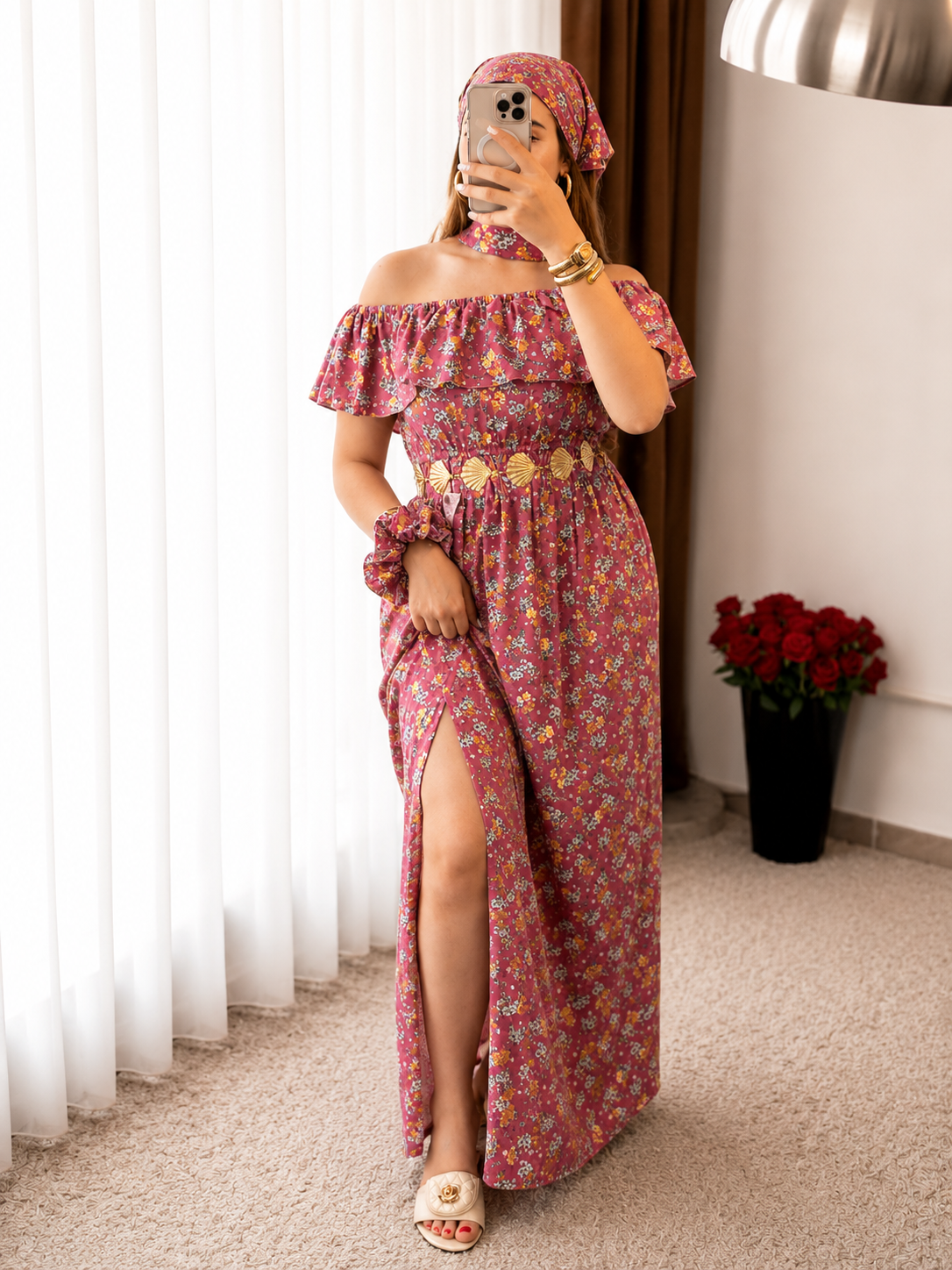 Robe long a motif à fleurs bois de rose YARINE