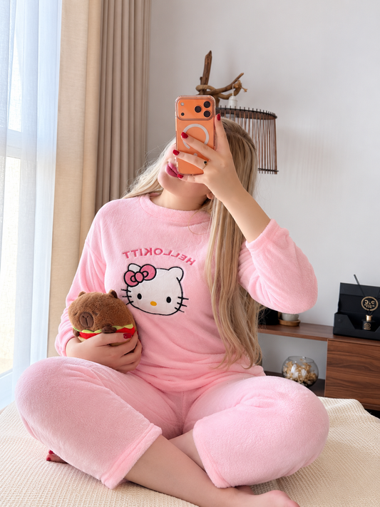 Ensemble 2 pieces haut pantalon rose motif lulu caty QALIN
