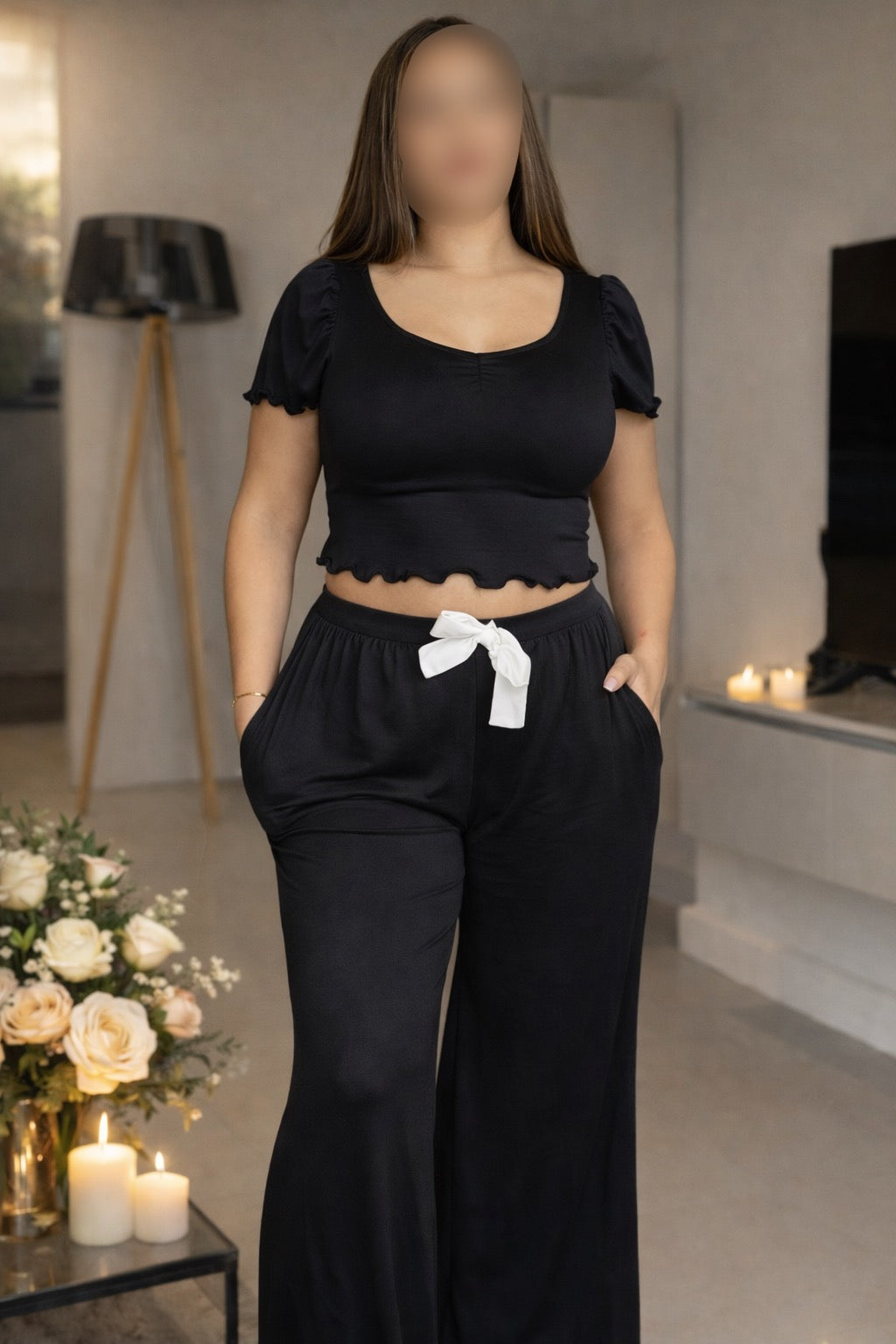 Ensemble pantalon demi manche noir nœud blanc AGATHE