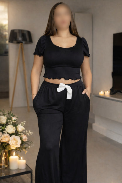 Ensemble pantalon demi manche noir nœud blanc AGATHE