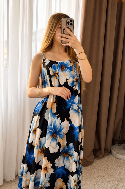Robe noir motif a fleur bleu BALI