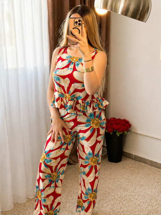 Pyjama pantalon rouge et beige SARDA