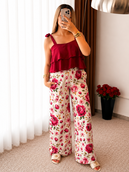 Pyjama double volant rouge pantalon  blanc a motif a fleur rouge STARNIG
