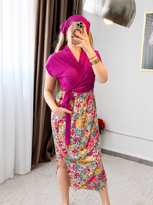 Ensemble trois pieces haut uni rose pantalon chelka motif à fleurs LELA