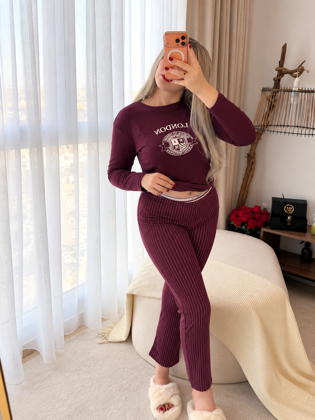 Pyjama manches longues pantalon aubergine TRELA