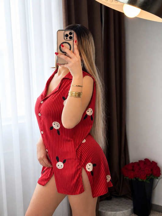 Chemise de nuit demi manche rouge motif bunny YOOR