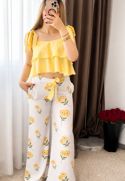 Pyjama double volant jaune pantalon a motif a fleur SPRING