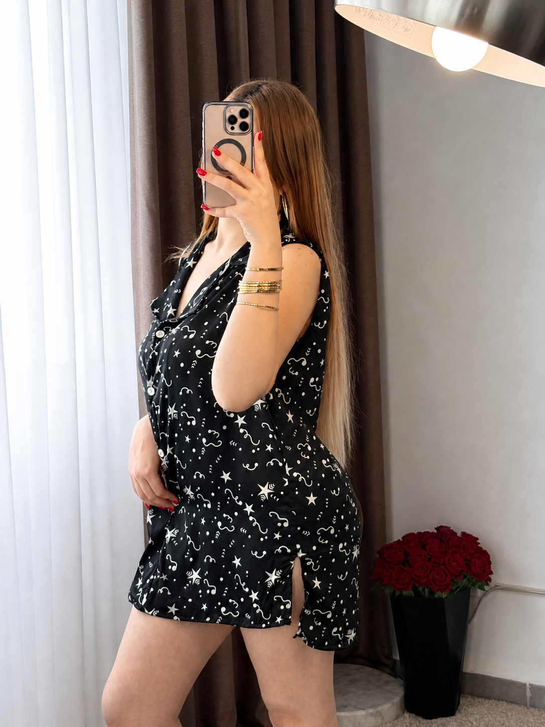 Chemise de nuit demi manche noir a motif Etoile SALIVA