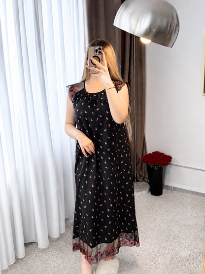 Robe nuisette noir motif a fleur rouge NISSA