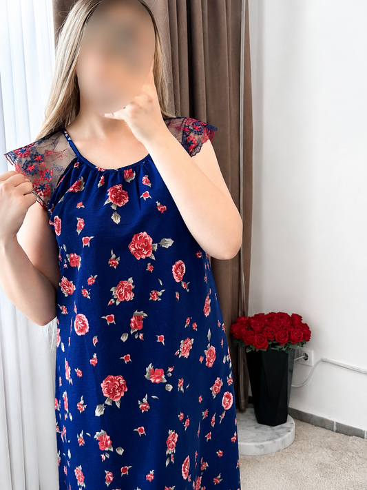 Robe nuisette bleu motif a fleur rouge NISSA