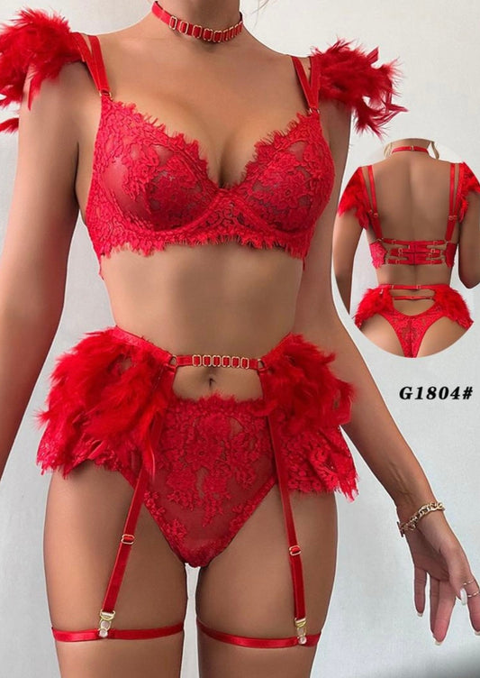 Ensembles lingerie 3 pièces rouge a plume SADDY