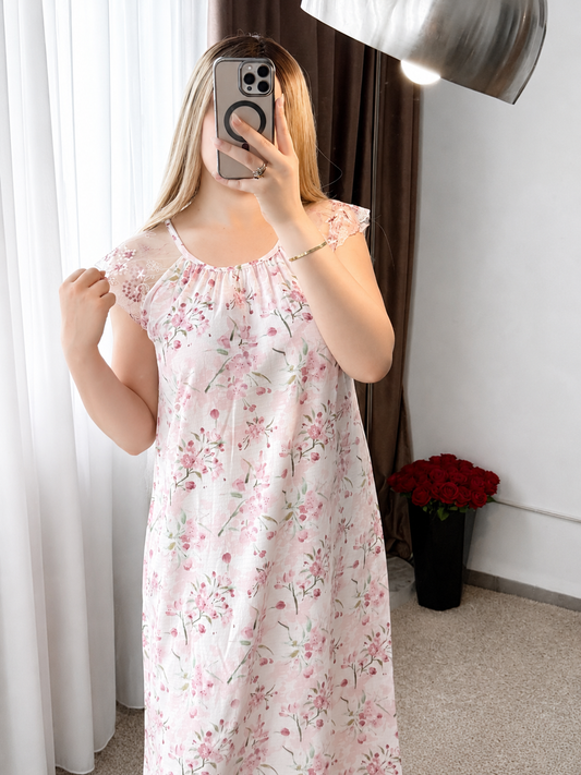 Robe nuisette blanc motif a fleur violet NISSA