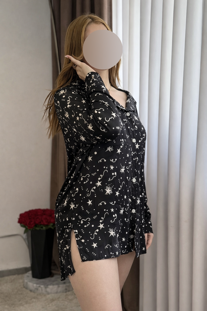 Chemise de nuit noir a motif Etoile ESTELLA