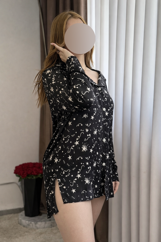 Chemise de nuit noir a motif Etoile ESTELLA