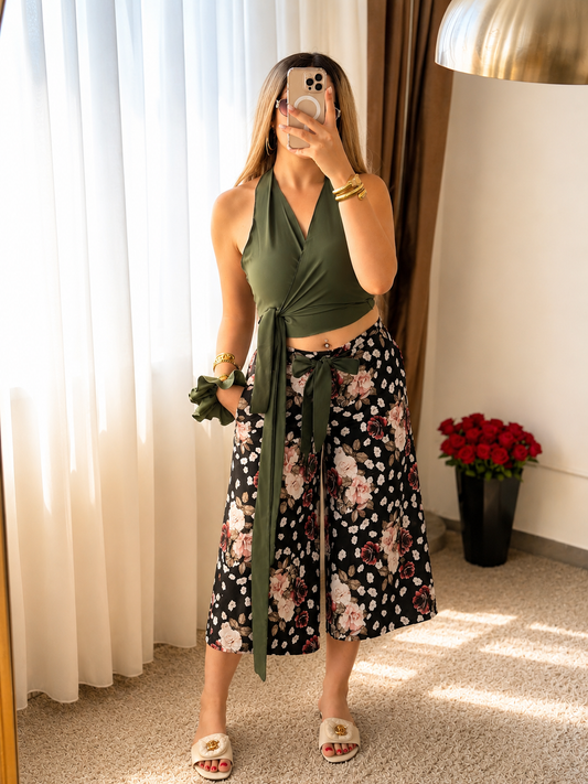 Ensemble bustier vert pantalon motif à fleur noir PALNER