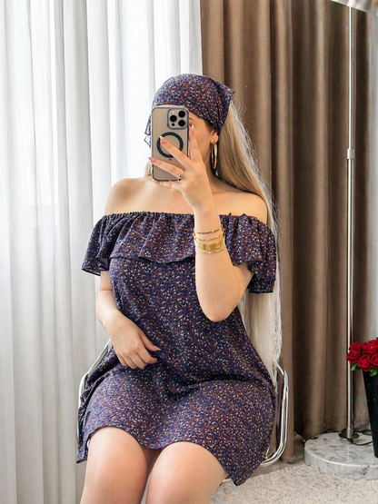 Robe 2 pièces courte à fleurs fond bleu SINATA