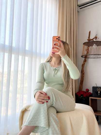 Pyjama manche long pantalon vert ALINA
