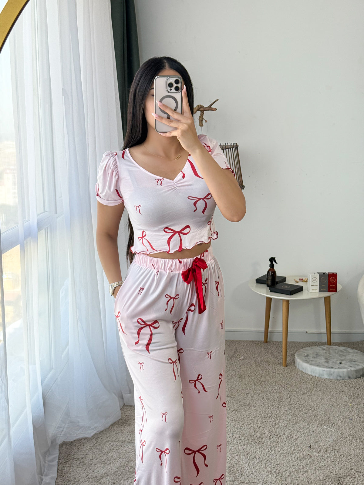Pyjama crop-top demi-manche NOEUD rose SERENA