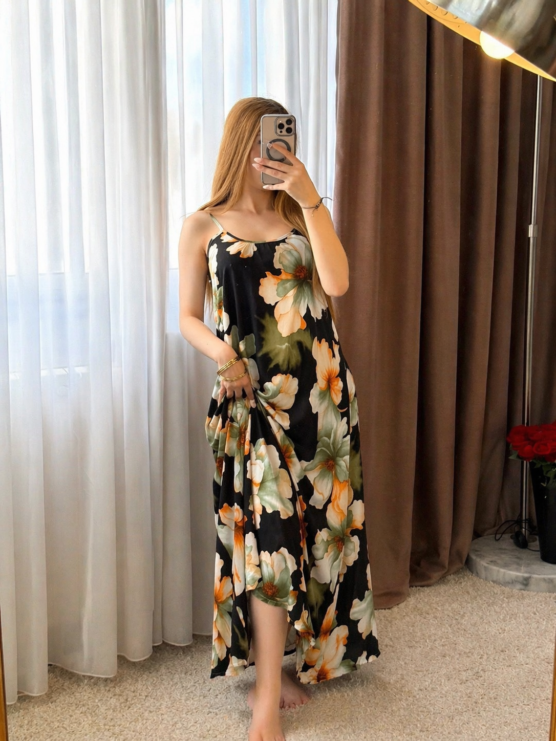 Robe noir motif a fleur vert BALI