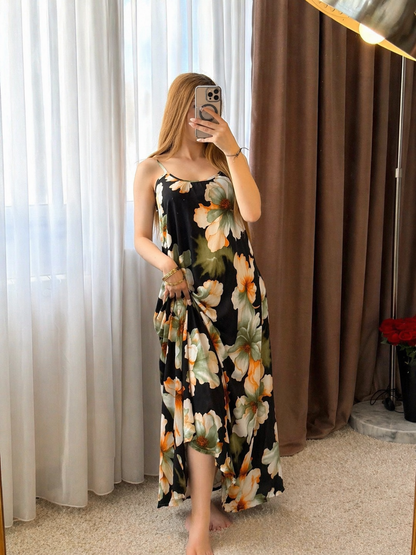 Robe noir motif a fleur vert BALI
