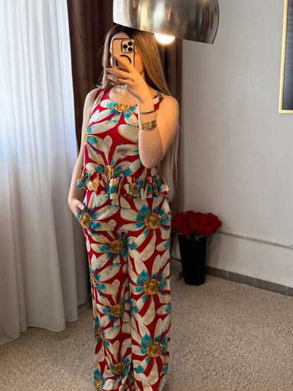 Pyjama pantalon rouge et beige SARDA