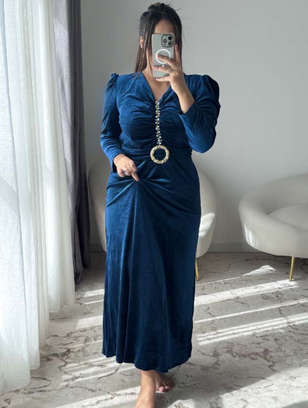 Robe d'hôtesse velours  vert bleu MALAK