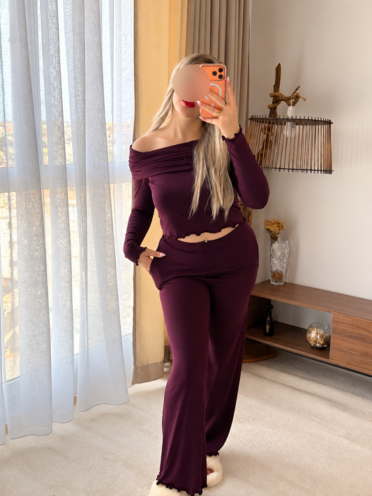 Ensemble pantalon OFF SHOULDER aubergine LILITH
