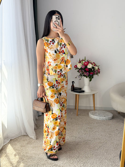 Ensemble 2 pièces pantalon a fleur jaune casual DARINE